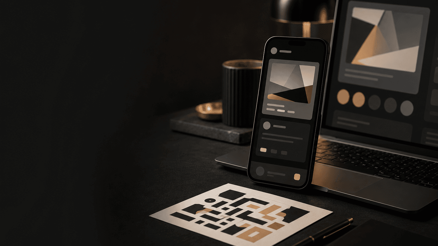 Design studio desk with abstract QR artwork and branded chat preview cards on phone and laptop screens.