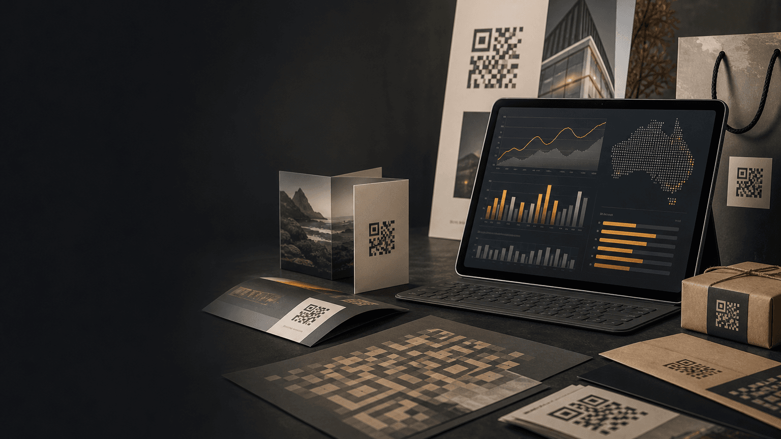 Printed flyers, packaging, and labels with abstract QR codes beside campaign scan analytics for Australia.