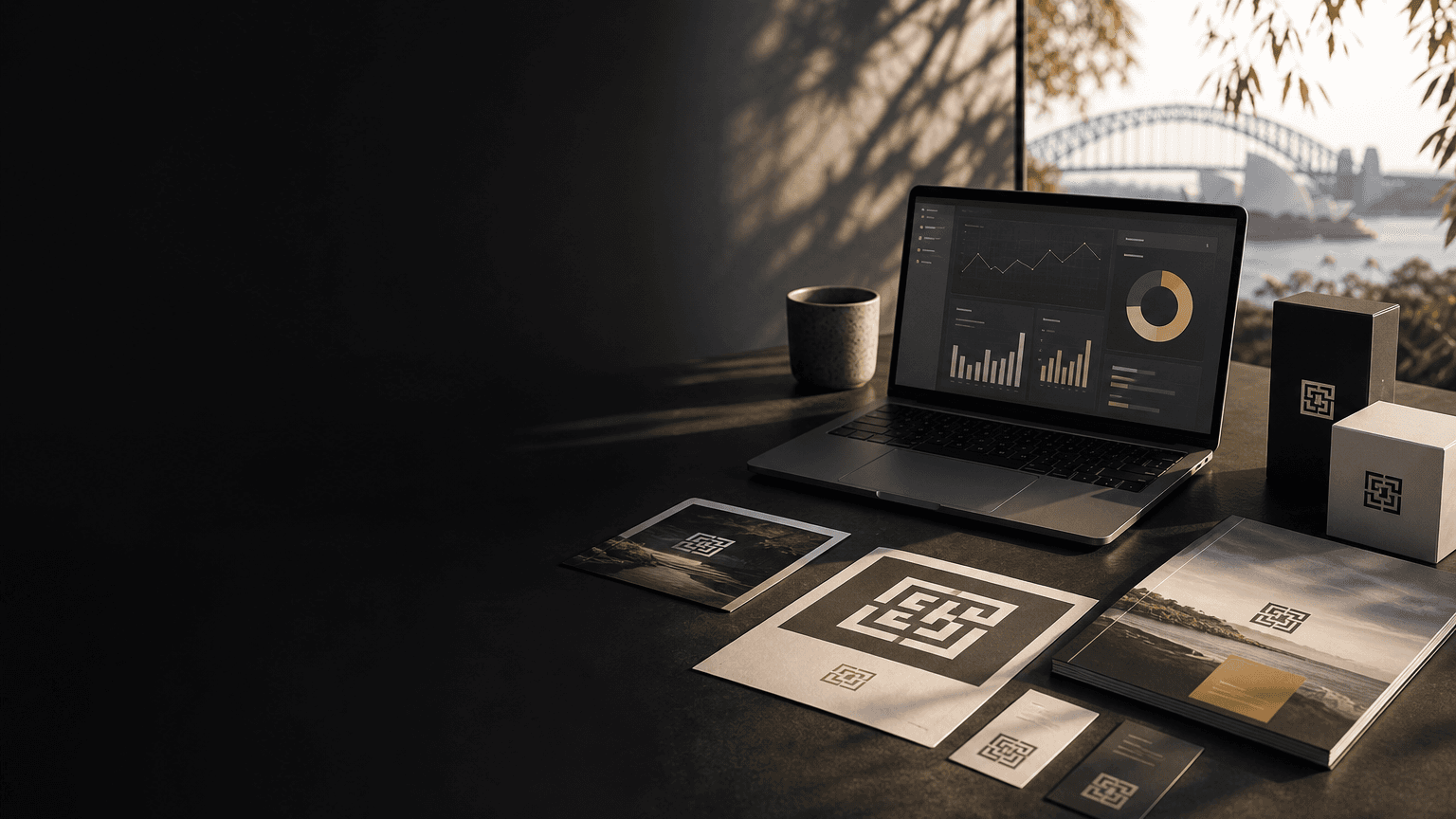 Printed campaign materials with abstract QR codes beside an analytics dashboard overlooking Sydney Harbour.
