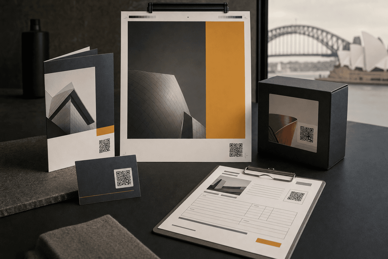 A tabletop collection of printed business cards, brochures, posters, packaging, and QR-enabled print assets.