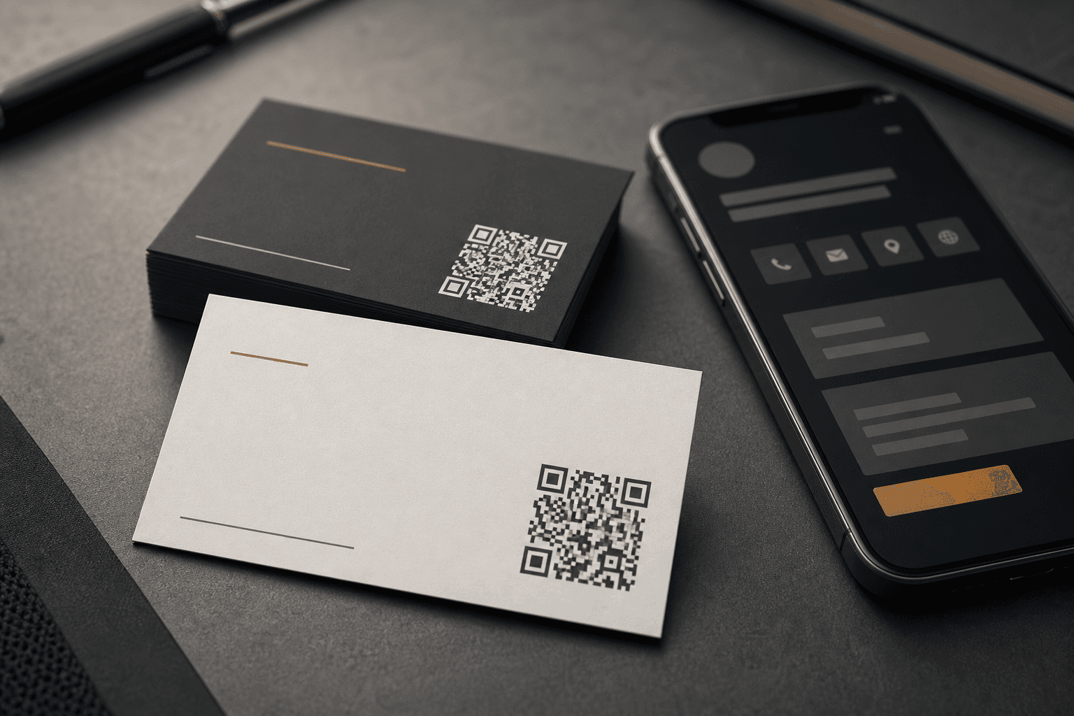 Business cards with QR codes beside a phone showing contact details.