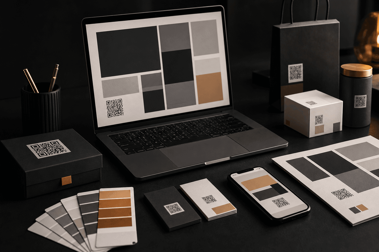 A design studio desk with client brand boards, packaging mockups, business cards, and branded QR codes.