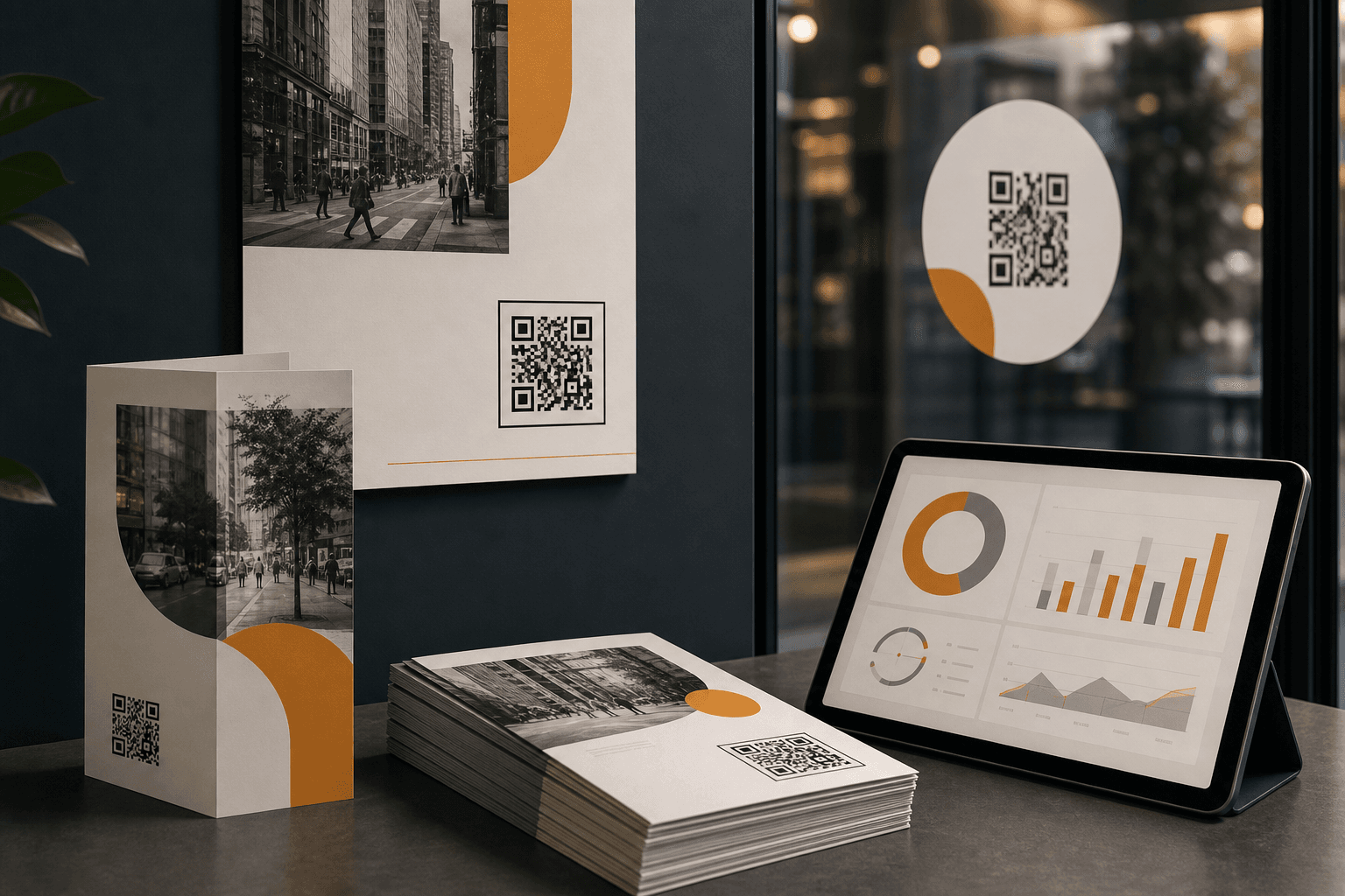 Flyers, posters, brochures, and window decals with QR codes and campaign scan analytics.