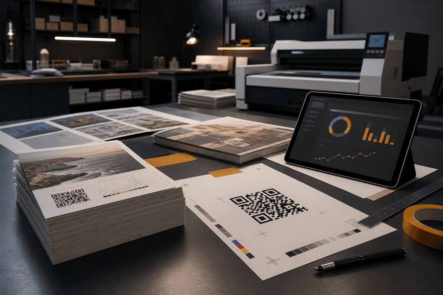 A print shop production table with proof sheets, flyers, a printer, QR artwork, and scan analytics.
