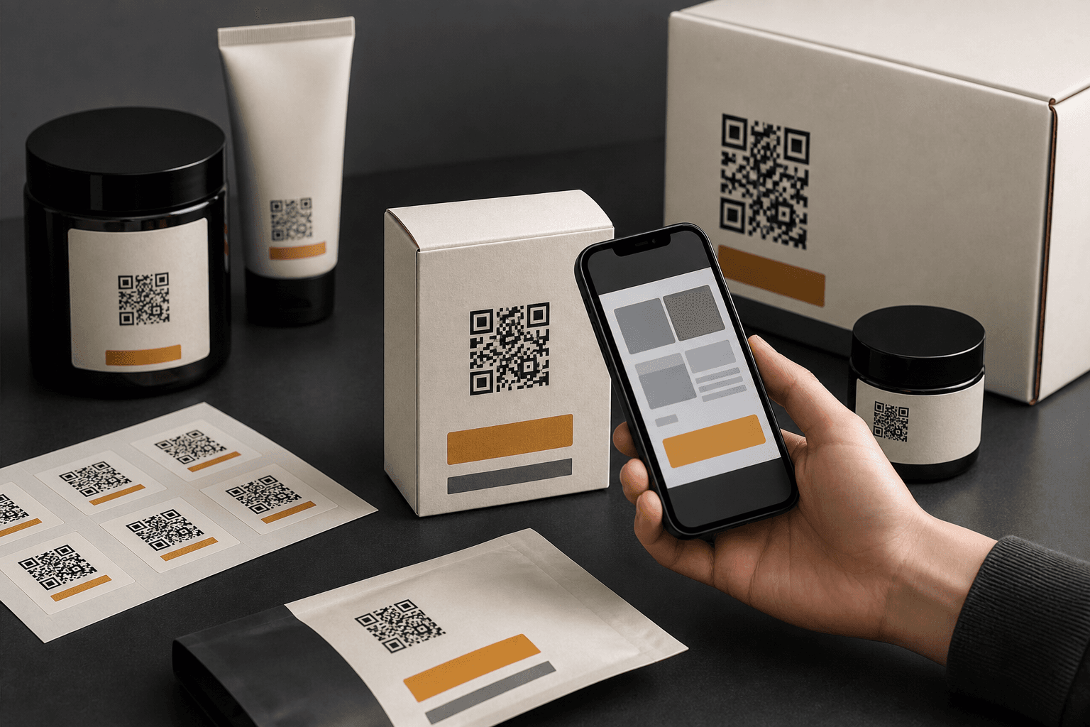 Packaging, labels, cartons, jars, and sticker sheets with QR codes for product info.